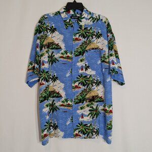 PURITAN Blue Hawaiian Tropical Short Sleeve Casual Button Shirt; Size L